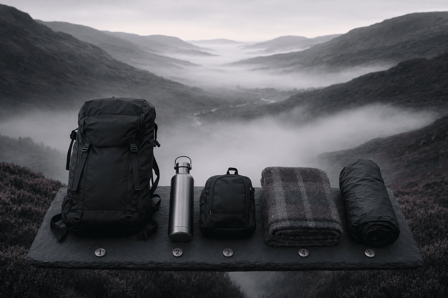 A matte black day-kit board arranged in ordered layers, floating above a misty Scottish glen at dawn with brass numbered pins marking each layer